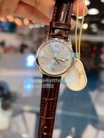 Omega Replica Ladies Watch Silver Dial Silver Bezel Brown Leather Strap 32mm